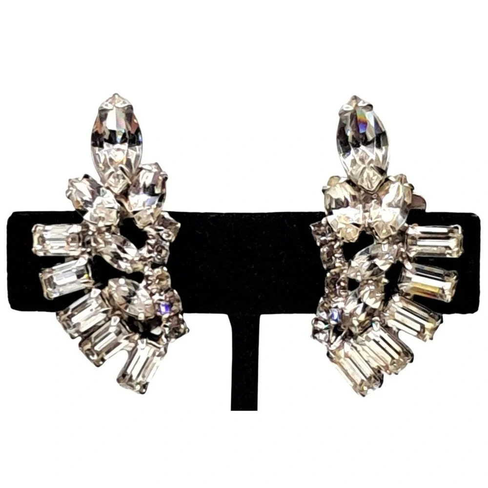 Vintage Rhinestone Earrings Ear Climbers Clear Stones Silver Tone Clip On Costum